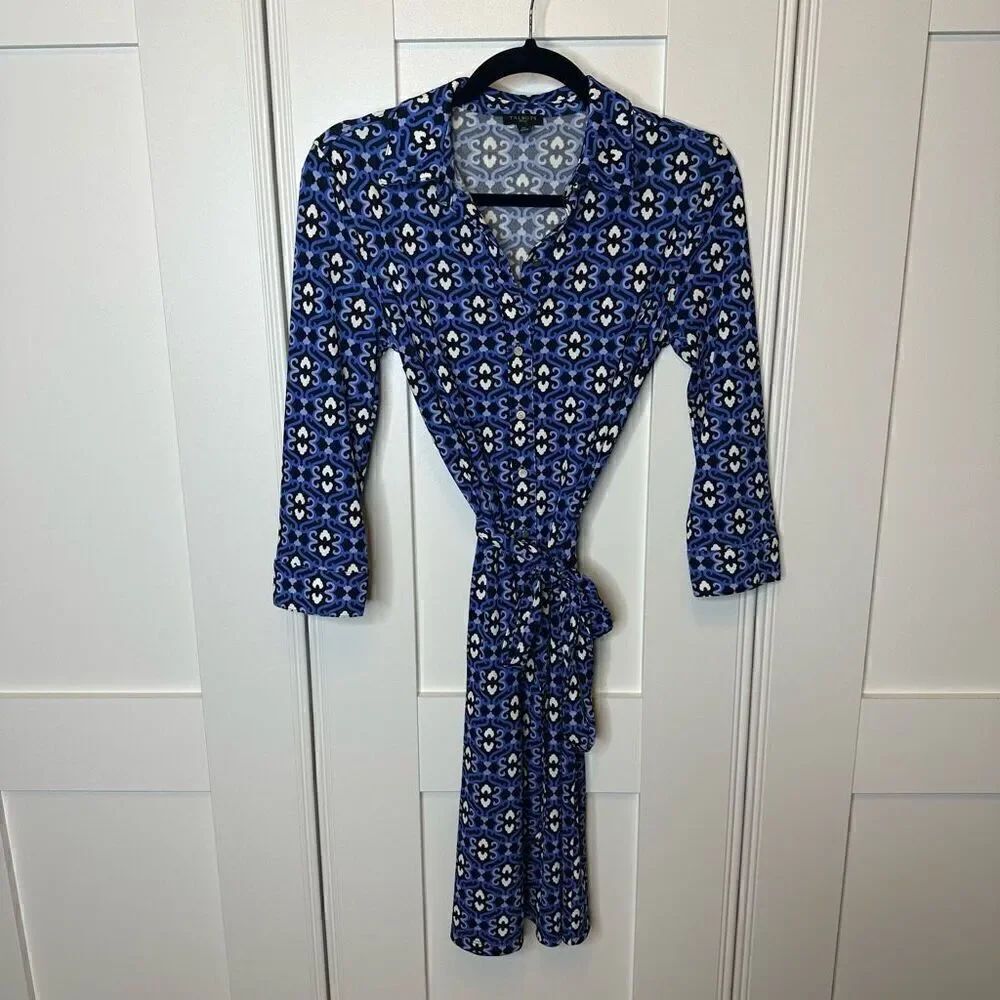 Talbots Small Petite tie waste dress Blue, Black, & White Baroque Print (R1)